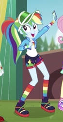Size: 305x587 | Tagged: safe, screencap, fluttershy, rainbow dash, equestria girls, festival filters, g4, my little pony equestria girls: better together, beautiful, clothes, cropped, cute, dashabetes, female, legs, music festival outfit, phone, ponytail, rainbow socks, shoes, shorts, sneakers, socks, solo focus, striped socks