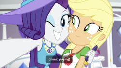 Size: 1334x750 | Tagged: safe, screencap, applejack, rarity, camping must-haves, equestria girls, g4, my little pony equestria girls: better together, freckles, geode of shielding, geode of super strength, magical geodes, one eye closed, rarity's bedroom, selfie, shipping fuel, subtitles, wink