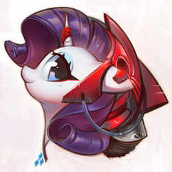 Size: 3000x3000 | Tagged: safe, artist:mirroredsea, rarity, pony, unicorn, g4, bust, cute, female, floppy ears, head only, high res, lidded eyes, mare, mecha, portrait, profile, raribetes, smiling, solo