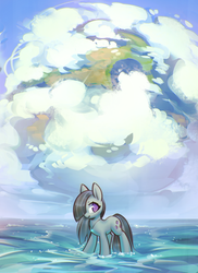 Size: 2194x3020 | Tagged: safe, artist:mirroredsea, marble pie, earth pony, pony, g4, cloud, cute, earth, female, high res, jewelry, marblebetes, mare, necklace, ocean, pendant, planet, smiling, solo, standing in water, water