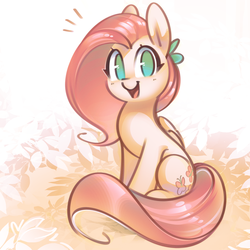 Size: 3000x3000 | Tagged: safe, artist:mirroredsea, fluttershy, pegasus, pony, g4, cute, female, folded wings, high res, looking at you, mare, no pupils, open mouth, open smile, shyabetes, sitting, smiling, smiling at you, solo, three quarter view, wings