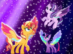 Size: 1600x1200 | Tagged: safe, artist:n0kkun, artist:orin331, artist:pink1ejack, starlight glimmer, sunset shimmer, twilight sparkle, alicorn, pony, g4, rainbow roadtrip, alicornified, colored wings, female, magical trio, mare, multicolored wings, race swap, rainbow wings, shimmercorn, smiling, space, spread wings, starlicorn, stars, trio, trio female, twilight sparkle (alicorn), vector, wing bling, wings