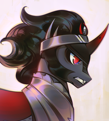 Size: 2734x3020 | Tagged: safe, artist:mirroredsea, king sombra, pony, unicorn, g4, bust, curved horn, gritted teeth, high res, horn, male, profile, solo, stallion