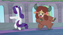 Size: 1920x1080 | Tagged: safe, screencap, rarity, yona, pony, unicorn, yak, g4, she's all yak, beautiful, bow, cloven hooves, dancing, duo, female, hair bow, mare, monkey swings