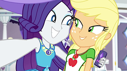 Size: 1280x720 | Tagged: safe, screencap, applejack, rarity, camping must-haves, equestria girls, g4, my little pony equestria girls: better together, best friends, female, freckles, geode of shielding, geode of super strength, just friends, magical geodes, rarity's bedroom, remote control, shipping fuel, smiling