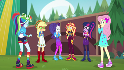 Size: 2208x1242 | Tagged: safe, screencap, applejack, fluttershy, rainbow dash, rarity, sci-twi, sunset shimmer, twilight sparkle, equestria girls, festival filters, g4, my little pony equestria girls: better together, animation error, boots, clothes, female, geode of telekinesis, magical geodes, music festival outfit, rainbow socks, shoes, sneakers, socks, striped socks