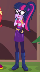 Size: 1242x2208 | Tagged: safe, screencap, sci-twi, sunset shimmer, twilight sparkle, equestria girls, festival filters, g4, my little pony equestria girls: better together, boots, bracelet, cropped, fanny pack, geode of telekinesis, glasses, jewelry, magical geodes, offscreen character, open mouth, shoes, solo focus