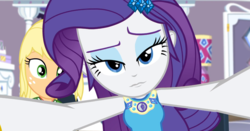 Size: 1848x970 | Tagged: safe, screencap, applejack, rarity, camping must-haves, equestria girls, g4, my little pony equestria girls: better together, bedroom eyes, eyeshadow, female, geode of shielding, lidded eyes, lips, looking at you, magical geodes, makeup, rarity peplum dress, rarity's bedroom, smiling, stupid sexy rarity