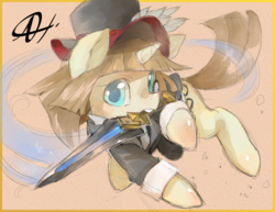 Size: 2475x1914 | Tagged: safe, artist:alts-art, oc, oc only, oc:cindy, pony, unicorn, attack, blade, clothes, colored sketch, feather, female, hat, horn, looking at you, mare, monocle, motion lines, orange background, signature, simple background, sketch, solo, suit, sword, top hat, watercolor painting, weapon