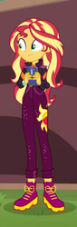 Size: 268x787 | Tagged: safe, screencap, sunset shimmer, equestria girls, equestria girls series, festival filters, g4, spoiler:eqg series (season 2), cellphone, clothes, cropped, cutie mark on clothes, female, jacket, pants, phone, shoes, smartphone, solo