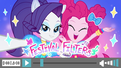 Size: 1920x1080 | Tagged: safe, screencap, pinkie pie, rarity, equestria girls, festival filters, g4, my little pony equestria girls: better together, cute, diapinkes, female, happy, raribetes, smiling, text, title card, youtube link