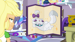 Size: 1920x1080 | Tagged: safe, screencap, applejack, opalescence, rarity, cat, camping must-haves, equestria girls, equestria girls series, g4, spoiler:eqg series (season 2), draw me like one of your french girls, rarity's bedroom
