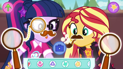 Size: 1280x720 | Tagged: safe, screencap, sci-twi, sunset shimmer, twilight sparkle, equestria girls, festival filters, g4, my little pony equestria girls: better together, bubble pipe, facial hair, geode of telekinesis, glasses, john watson, magical geodes, magnifying glass, monocle, moustache, selfie, watson (filter)