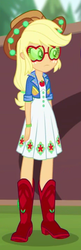 Size: 264x813 | Tagged: safe, screencap, applejack, equestria girls, festival filters, g4, my little pony equestria girls: better together, applejack's hat, applejack's sunglasses, boots, clothes, cowboy boots, cowboy hat, cropped, dress, female, glasses, hat, music festival outfit, solo, stetson, sunglasses