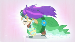 Size: 1920x1080 | Tagged: safe, screencap, yona, yak, g4, she's all yak, alternate hairstyle, clothes, cloven hooves, discovery family logo, dress, ear piercing, earring, female, jewelry, piercing, puffy sleeves