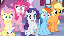 Size: 1920x1080 | Tagged: safe, screencap, angel bunny, applejack, fluttershy, pinkie pie, rainbow dash, rarity, g4, she's all yak, cute, dashabetes, discovery family logo, jackabetes, out of context, varying degrees of want