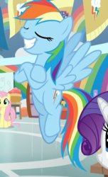 Size: 499x819 | Tagged: safe, screencap, fluttershy, rainbow dash, rarity, pegasus, pony, unicorn, g4, she's all yak, cropped, eyes closed, faic, female, flying, mare, offscreen character, proud, rainbow dash is best facemaker, smiling, smug, smugdash, solo focus
