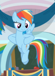 Size: 378x524 | Tagged: safe, screencap, rainbow dash, pegasus, pony, g4, she's all yak, cropped, cute, dashabetes, female, flying, hooves on hips, mare, raised eyebrow, smiling, solo