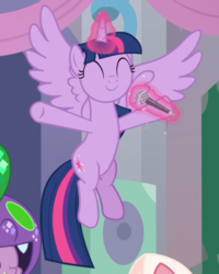 Size: 581x727 | Tagged: safe, screencap, spike, twilight sparkle, alicorn, dragon, pony, she's all yak, cropped, cute, eyes closed, female, flying, glowing horn, happy, horn, levitation, magic, male, microphone, offscreen character, smiling, solo focus, spread wings, telekinesis, twiabetes, twilight sparkle (alicorn), winged spike, wings