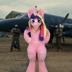Size: 1000x1000 | Tagged: safe, artist:qtpony, edit, princess cadance, pony, g4, baneposting, bill wilson, button lee, cia (batman), fursuit, irl, looking at you, photo, plane, ponysuit, smee, the dark knight rises, wreckage brother