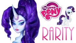 Size: 1280x720 | Tagged: safe, rarity, pony, equestria girls, g4, doll, female, irl, lipstick, my little pony, my little pony logo, photo, simple background, text, toy
