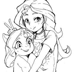 Size: 777x758 | Tagged: safe, artist:hobilo, sunset shimmer, human, pony, unicorn, equestria girls, g4, black and white, female, grayscale, human ponidox, lineart, mare, monochrome, peace sign, self ponidox, simple background, white background