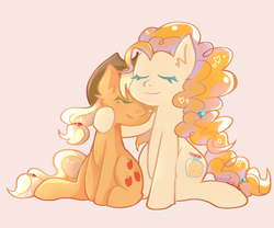 Size: 1200x1000 | Tagged: safe, artist:whiskyice, applejack, pear butter, earth pony, pony, g4, eyes closed, female, mare, mother and daughter, orange background, simple background