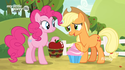 Size: 1366x768 | Tagged: safe, screencap, applejack, pinkie pie, pony, g4, she's all yak, bucket, cute, discovery family logo, jackabetes, outdoors, sweet apple acres
