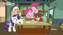 Size: 1366x768 | Tagged: safe, screencap, pinkie pie, rarity, snips, yona, earth pony, pony, unicorn, yak, g4, she's all yak, bow, bowl, bucket, butter, carpet, cloven hooves, discovery family logo, female, flour, food, hair bow, hoof hold, kitchen, mare, milk bottle, mixing bowl, monkey swings, pie, pies, spoon, sugar (food), table, tailcopter, trio