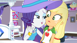 Size: 1920x1080 | Tagged: safe, screencap, applejack, rarity, camping must-haves, equestria girls, g4, my little pony equestria girls: better together, best friends, female, just friends, rarity's bedroom, shipping fuel