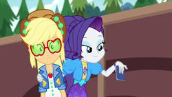Size: 1280x720 | Tagged: safe, screencap, applejack, rarity, equestria girls, festival filters, g4, my little pony equestria girls: better together, cellphone, clothes, dress, hat, jacket, phone, puffy sleeves, shipping fuel, sunglasses