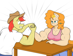 Size: 2145x1648 | Tagged: safe, artist:matchstickman, bright mac, pear butter, earth pony, anthro, g4, arm wrestling, biceps, breasts, bright mac's hat, busty pear butter, clothes, deltoids, duo, female, grin, jeans, male, mare, matchstickman's pear buffer series, might mac, muscles, muscular female, nervous, nervous smile, pants, pear buffer, pecs, ship:brightbutter, shipping, shirt, simple background, sleeveless shirt, smiling, stallion, straight, sweat, sweatdrop, table, triceps, white background