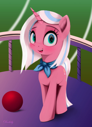 Size: 4550x6300 | Tagged: safe, artist:darksly, clear sky, pony, unicorn, common ground, g4, absurd resolution, ball, female, looking at you, mare, neckerchief, open mouth, solo