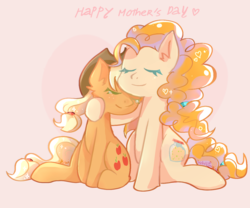 Size: 1200x1000 | Tagged: dead source, safe, alternate version, artist:whiskyice, applejack, pear butter, earth pony, pony, g4, cowboy hat, duo, eyes closed, female, hat, mare, mother and daughter, mother's day, orange background, simple background