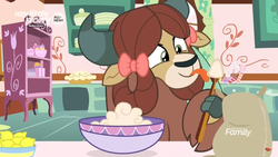 Size: 1366x768 | Tagged: safe, screencap, yona, yak, g4, she's all yak, batter, bow, bowl, cloven hooves, cooking, discovery family logo, dough, female, flour, food, hair bow, jar, kitchen, lemon, licking, mixing bowl, monkey swings, pie, plate, solo, sugarcube corner, tongue out
