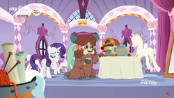 Size: 1366x768 | Tagged: safe, screencap, rarity, yona, pony, unicorn, yak, g4, she's all yak, boutique, bow, brussel sprouts, bucket, carousel boutique, cloven hooves, cute, discovery family logo, duo, fabric, female, hair bow, mannequin, mare, monkey swings, munching, table, window, yarn, yonadorable