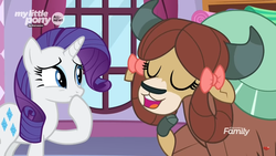 Size: 1366x768 | Tagged: safe, screencap, rarity, yona, pony, unicorn, yak, g4, she's all yak, boutique, bow, cloven hooves, discovery family logo, duo, female, hair bow, mare, monkey swings, window
