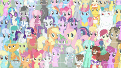Size: 1920x1080 | Tagged: safe, aloe, amethyst star, apple bloom, applejack, berry punch, berryshine, big macintosh, bon bon, bulk biceps, carrot cake, carrot top, cheerilee, cup cake, daisy, derpy hooves, dj pon-3, doctor whooves, flitter, flower wishes, fluttershy, golden harvest, granny smith, lemon hearts, lily, lily valley, linky, minuette, pinkie pie, pipsqueak, pokey pierce, pound cake, pumpkin cake, rarity, roseluck, sassaflash, sea swirl, seafoam, shoeshine, silver spoon, snails, snips, sparkler, spike, spring melody, sprinkle medley, starlight glimmer, sunshower raindrops, sweetie belle, sweetie drops, thunderlane, time turner, twilight sparkle, twinkleshine, twist, vinyl scratch, yona, alicorn, earth pony, pony, unicorn, yak, g4, season 5, season 9, she's all yak, the cutie re-mark, animated, animation error, colt, comparison, everypony at s5's finale, female, filly, fit right in, foal, gif, male, mare, puzzle, small wings, spa twins, spread wings, stallion, wall of tags, wings