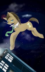 Size: 800x1280 | Tagged: safe, artist:euzeyccr, artist:貂小明, derpibooru exclusive, doctor whooves, time turner, earth pony, pony, g4, commission, doctor who, galaxy, leaping, legends of the three kingdoms, looking at you, male, mouth hold, necktie, solo, sonic screwdriver, space, stallion, tardis, the doctor, wallpaper