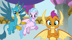 Size: 1920x1080 | Tagged: safe, screencap, gallus, silverstream, smolder, classical hippogriff, dragon, griffon, hippogriff, g4, she's all yak, crossed arms, dragoness, female, flying, looking at you, male, trio