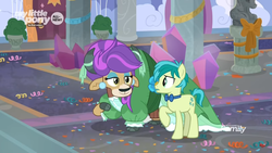 Size: 1366x768 | Tagged: safe, screencap, sandbar, yona, earth pony, pony, yak, g4, she's all yak, alternate hairstyle, bow, bowtie, carpet, clothes, cloven hooves, confetti, discovery family logo, dress, duo, ear piercing, earring, eyeshadow, female, jewelry, makeup, male, pearl earrings, piercing, puffy sleeves, purple hair, teenager, wig