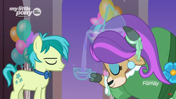 Size: 1366x768 | Tagged: safe, screencap, sandbar, yona, earth pony, pony, yak, g4, she's all yak, alternate hairstyle, balloon, bowing, bowl, bowtie, classy, cloven hooves, cup, discovery family logo, duo, ear piercing, earring, eyeshadow, female, flower, jewelry, majestic as fuck, makeup, male, piercing, pouring, punch (drink), punch bowl, teenager, wig