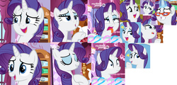 Size: 2958x1424 | Tagged: safe, edit, edited screencap, screencap, rarity, pony, unicorn, g4, she's all yak, cute, eyes closed, female, glasses, glowing horn, grin, horn, mare, open mouth, raised hoof, raribetes, shrunken pupils, smiling, solo, tongue out
