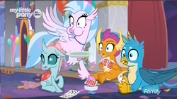 Size: 1366x768 | Tagged: safe, screencap, gallus, ocellus, silverstream, smolder, classical hippogriff, griffon, hippogriff, g4, she's all yak, card, card game, discovery family logo, eating, plate, playing card, stack