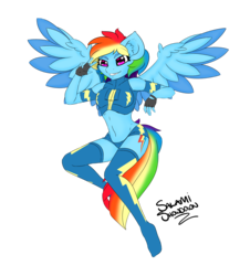 Size: 3302x3659 | Tagged: safe, artist:salamishowdown, rainbow dash, pegasus, anthro, plantigrade anthro, g4, belly button, clothes, female, fingerless gloves, gloves, high res, midriff, shorts, simple background, solo, uniform, wonderbolts, wonderbolts uniform