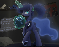 Size: 2000x1604 | Tagged: safe, alternate version, artist:ncmares, princess luna, alicorn, pony, ask majesty incarnate, g4, alternate hairstyle, armor, bad religion, blob ponies, butt, cartographer's cap, cute, dialogue, female, hat, looking at you, looking back, looking back at you, magic, mare, moonbutt, ncmares is trying to murder us, nightmare moon armor, open mouth, pillow, plot, ponytail, skippy, skippy the moonrock, solo, too many ponies