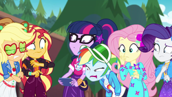 Size: 1920x1080 | Tagged: safe, screencap, applejack, fluttershy, rainbow dash, rarity, sci-twi, sunset shimmer, twilight sparkle, equestria girls, festival filters, g4, my little pony equestria girls: better together, applejack's sunglasses, bracelet, disgusted, faic, female, geode of fauna, geode of shielding, geode of telekinesis, hat, jewelry, magical geodes, music festival outfit, new outfit, phone, reaction image, shrunken pupils, sunglasses, visor