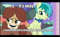 Size: 960x600 | Tagged: safe, edit, edited screencap, screencap, sandbar, yona, g4, my little pony: friendship is magic, she's all yak, bowtie, brussel sprouts, caption, crying, image macro, text