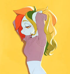Size: 1280x1341 | Tagged: safe, artist:delzol, oc, oc only, oc:maple, anthro, anthro oc, arm behind head, clothes, female, midriff, next generation, offspring, parent:dumbbell, parent:rainbow dash, parents:dumbdash, short shirt, solo