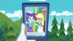 Size: 1280x720 | Tagged: safe, screencap, applejack, rarity, equestria girls, festival filters, g4, my little pony equestria girls: better together, animated, cellphone, clothes, dodecahedron, dress, female, filter, geometric figures, heart, icon, jacket, no sound, phone, shape chic, shipping fuel, smiling, sunglasses, unimpressed, webm
